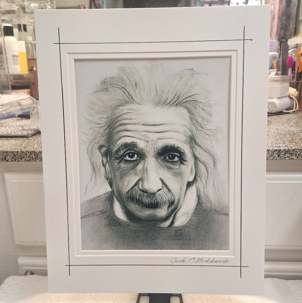 Albert Einstein B/W Charcoal By Jack E. Stiddard 8x10 Photo 11/14 Mat